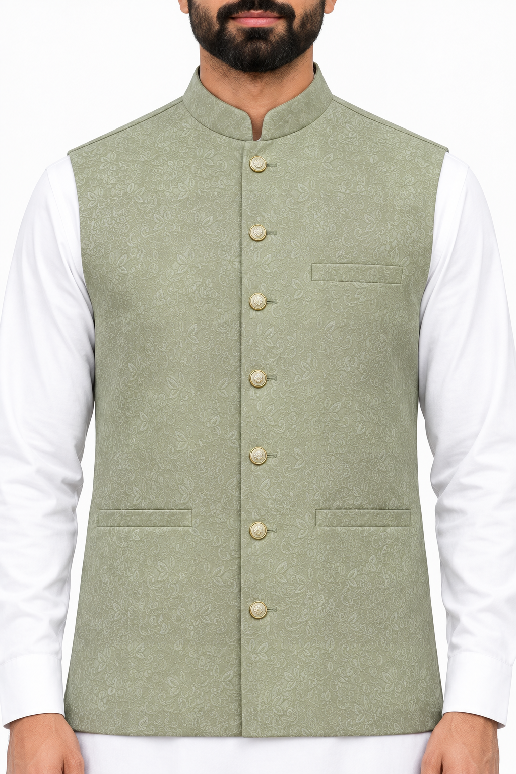 Men's Sage Flower Design Jamawar Waistcoat Close Up