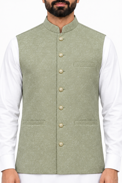 Men's Sage Flower Design Jamawar Waistcoat Close Up