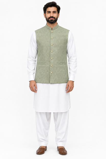 Men's Sage Flower Design Jamawar Waistcoat Full