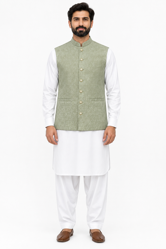 Men's Sage Flower Design Jamawar Waistcoat Full