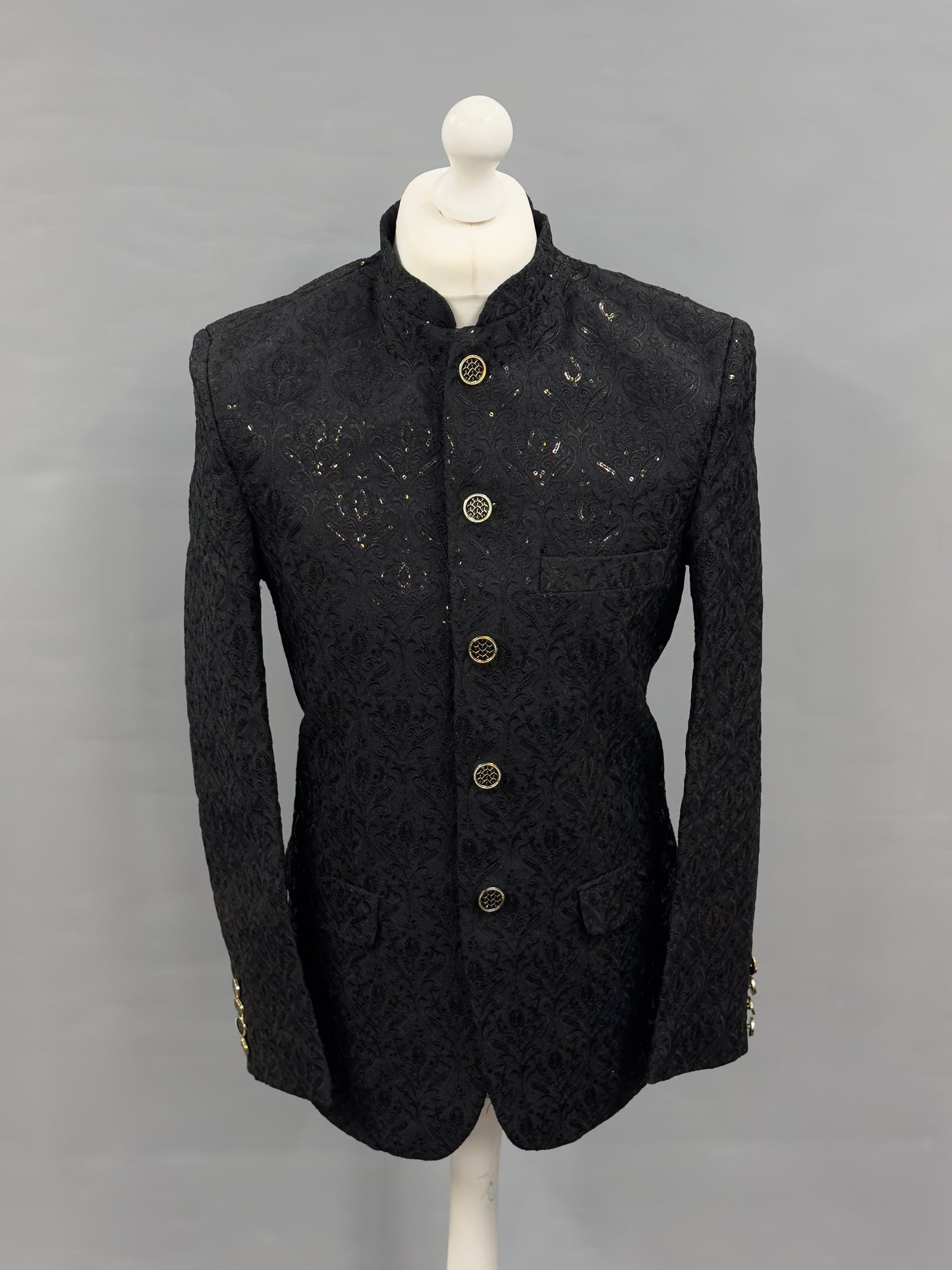 Men's Sequin Embroidery Jamawar Black Crown Design Prince Jacket Gold Buttons