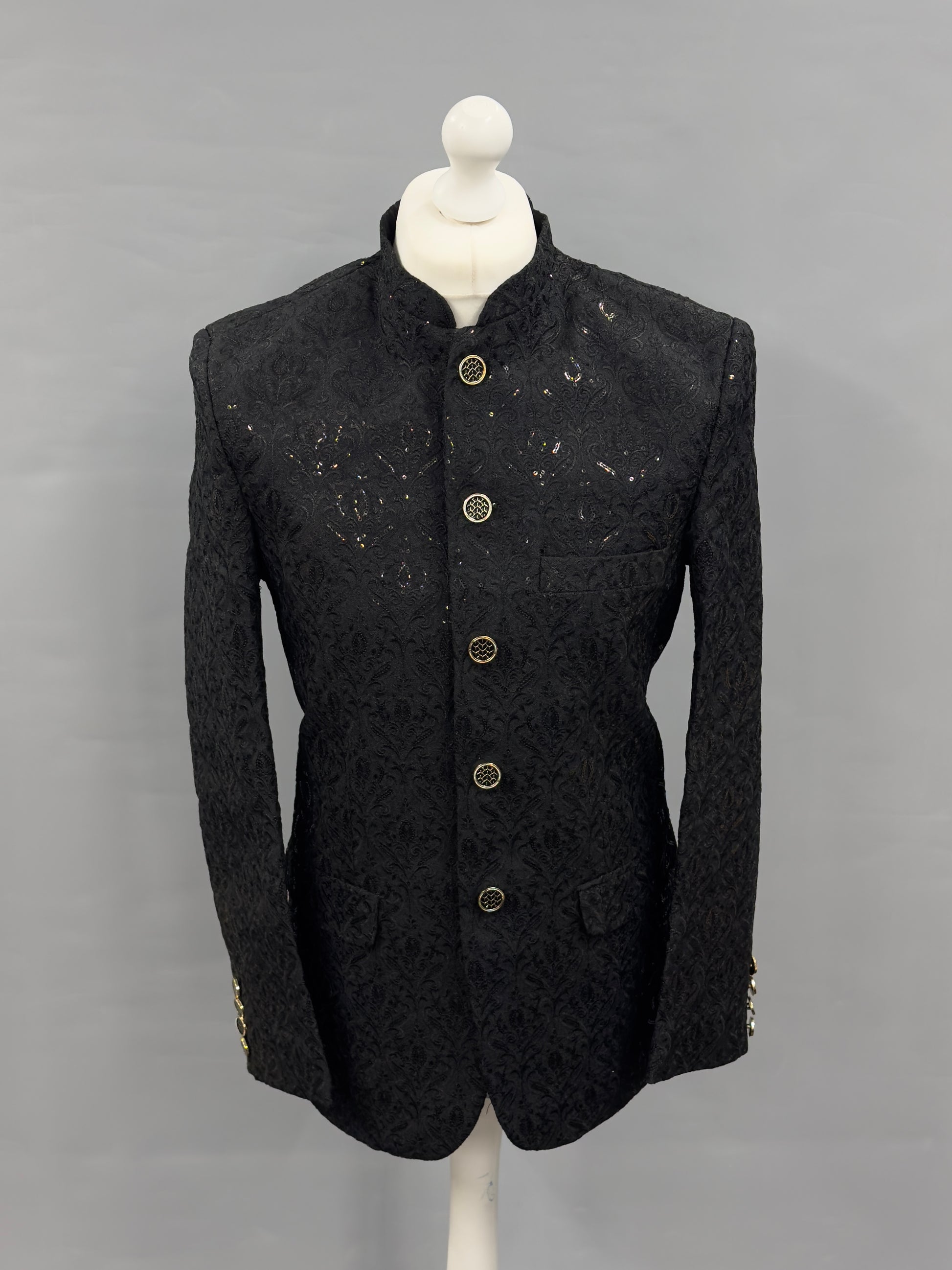 Men's Sequin Embroidery Jamawar Black Crown Design Prince Jacket Gold Buttons
