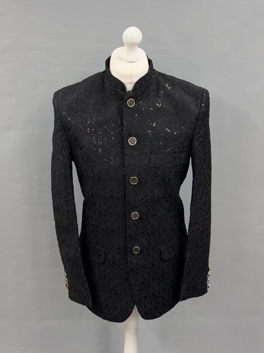 Men's Sequin Embroidery Jamawar Black Crown Design Prince Jacket Gold Buttons