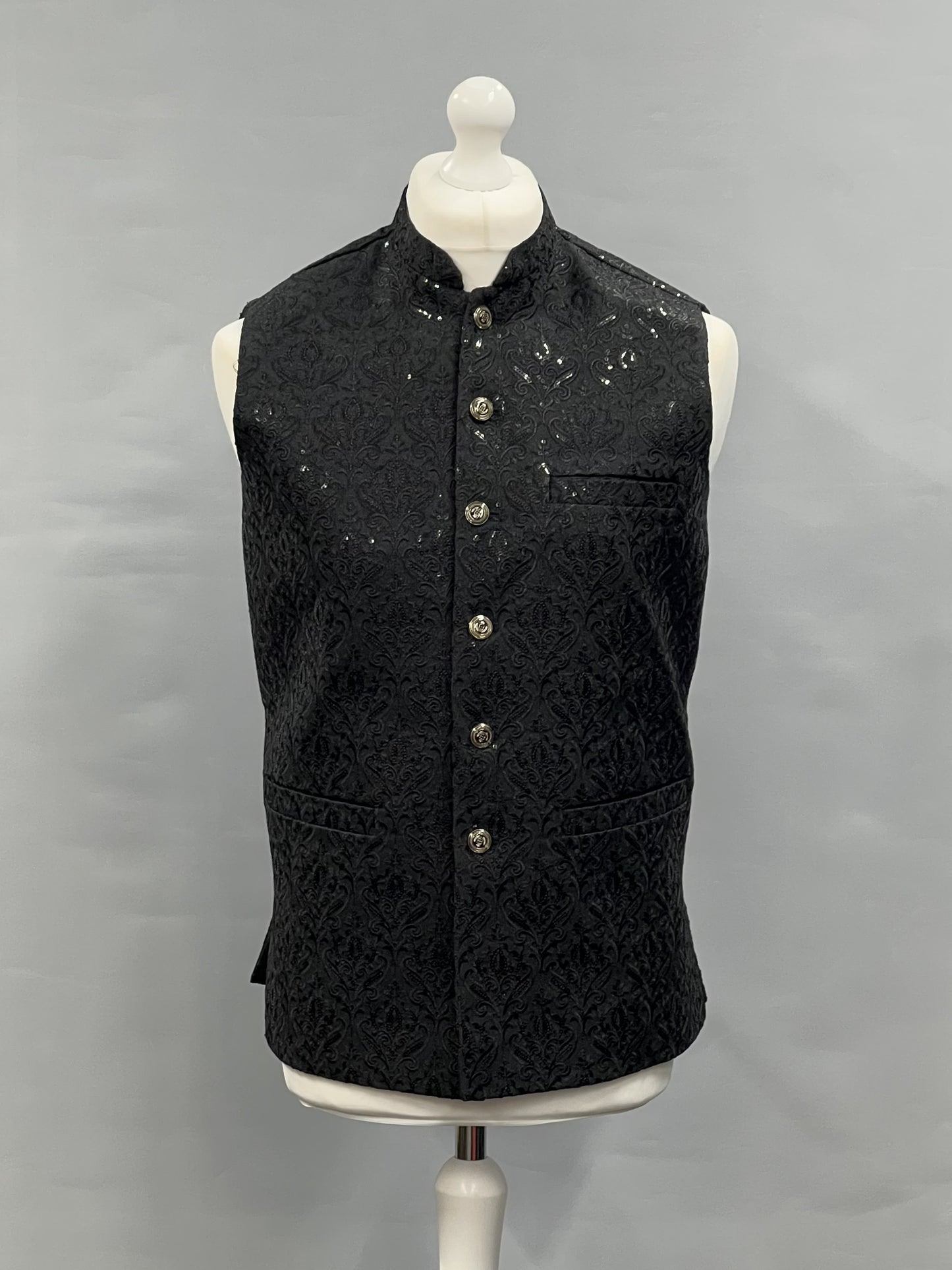 Men's Sequin Embroidery Jamawar Black Crown Design Waistcoat Gold Buttons