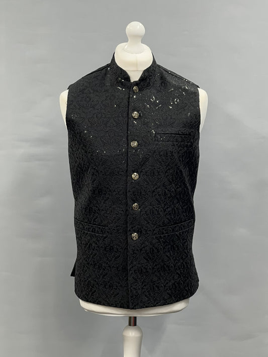 Men's Sequin Embroidery Jamawar Black Crown Design Waistcoat Gold Buttons