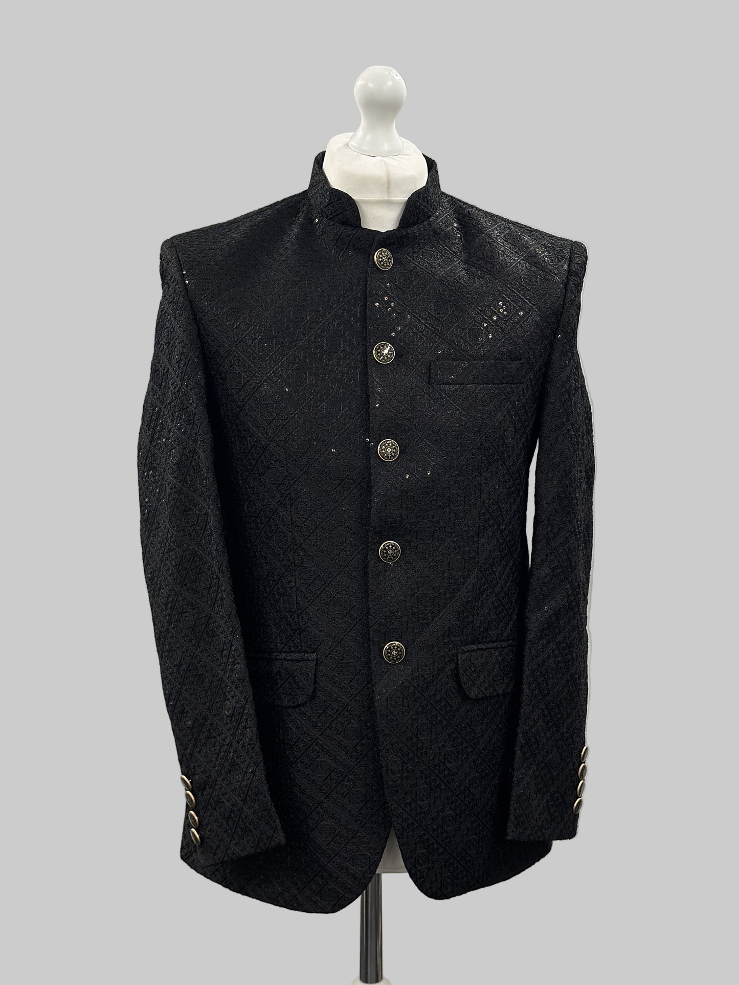 Men's Sequin Embroidery Jamawar Black Diamond Design Prince Jacket Gold Buttons