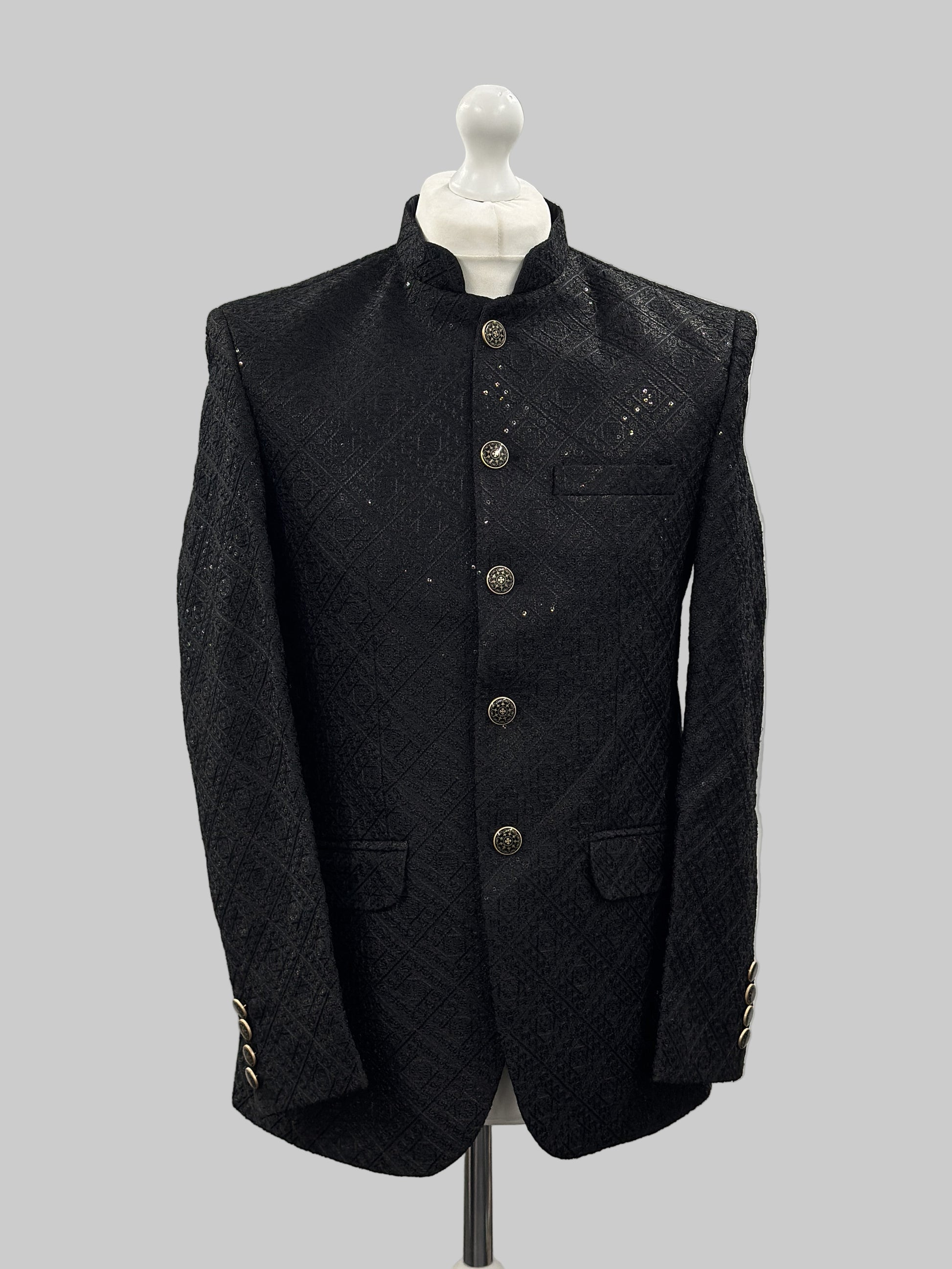 Men's Sequin Embroidery Jamawar Black Diamond Design Prince Jacket Gold Buttons