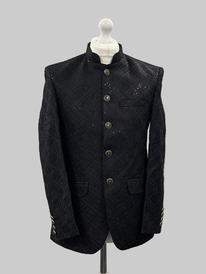 Men's Sequin Embroidery Jamawar Black Diamond Design Prince Jacket Gold Buttons
