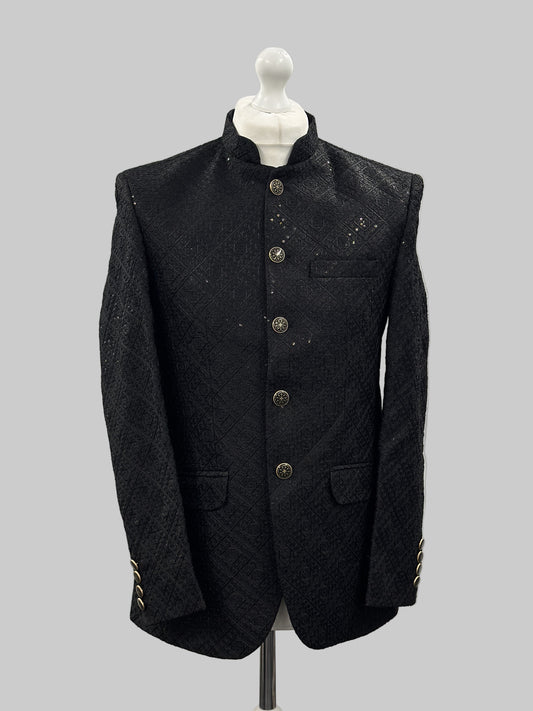 Men's Sequin Embroidery Jamawar Black Diamond Design Prince Jacket Gold Buttons