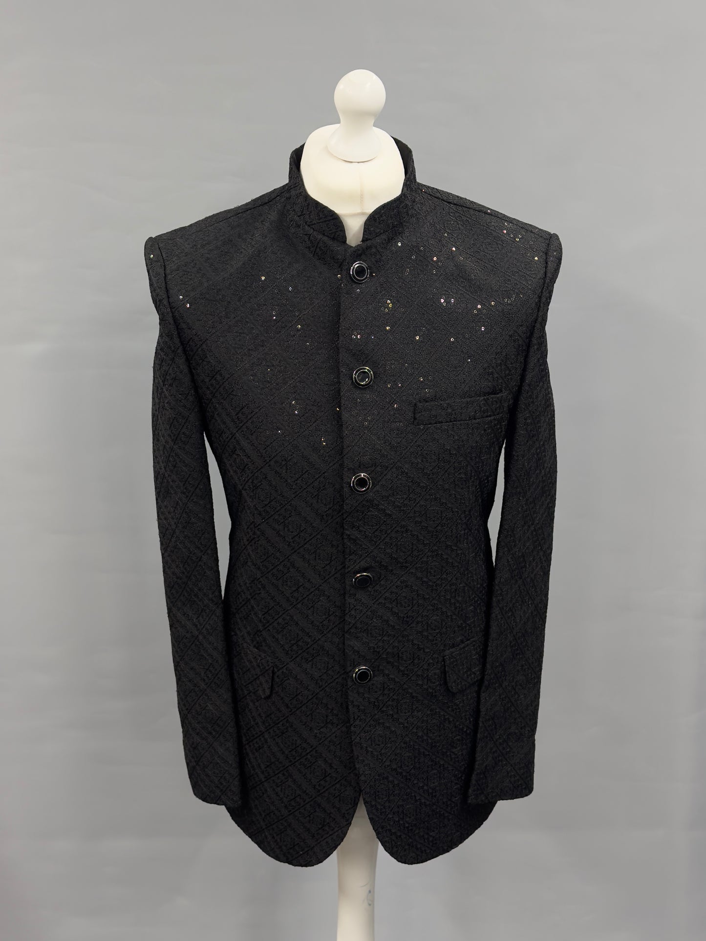 Men's Sequin Embroidery Jamawar Black Diamond Design Prince Jacket Silver Buttons