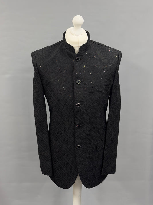 Men's Sequin Embroidery Jamawar Black Diamond Design Prince Jacket Silver Buttons