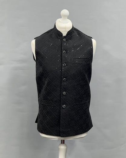 Men's Sequin Embroidery Jamawar Black Diamond Design Waistcoat Silver Buttons