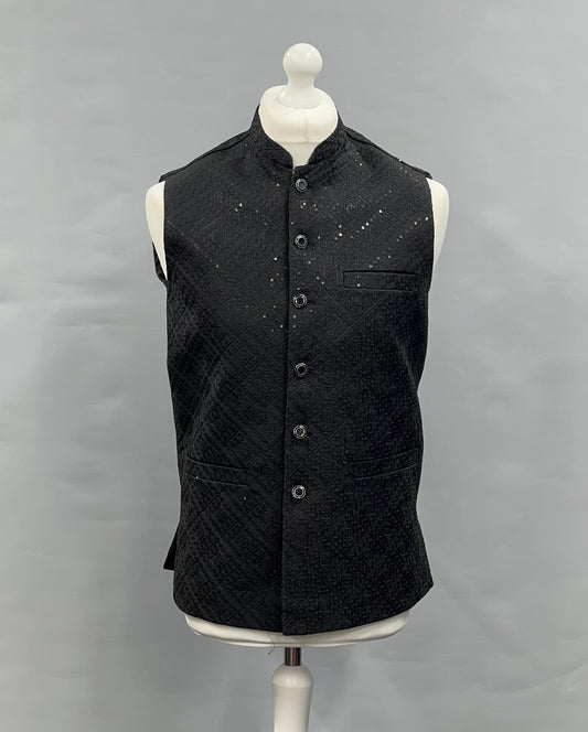 Men's Sequin Embroidery Jamawar Black Diamond Design Waistcoat Silver Buttons