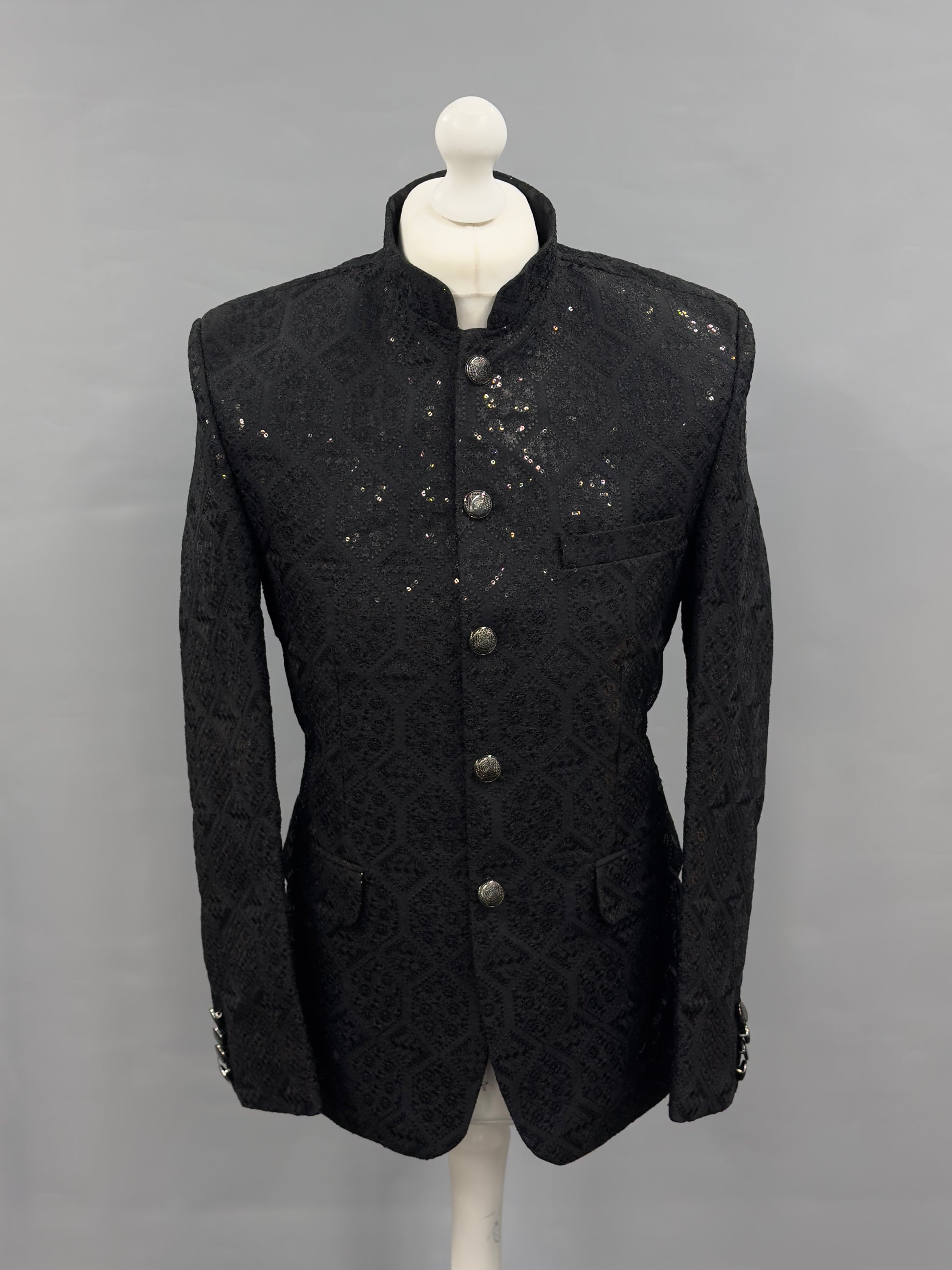 Men's Sequin Embroidery Jamawar Black Hex Design Prince Jacket Gold Buttons