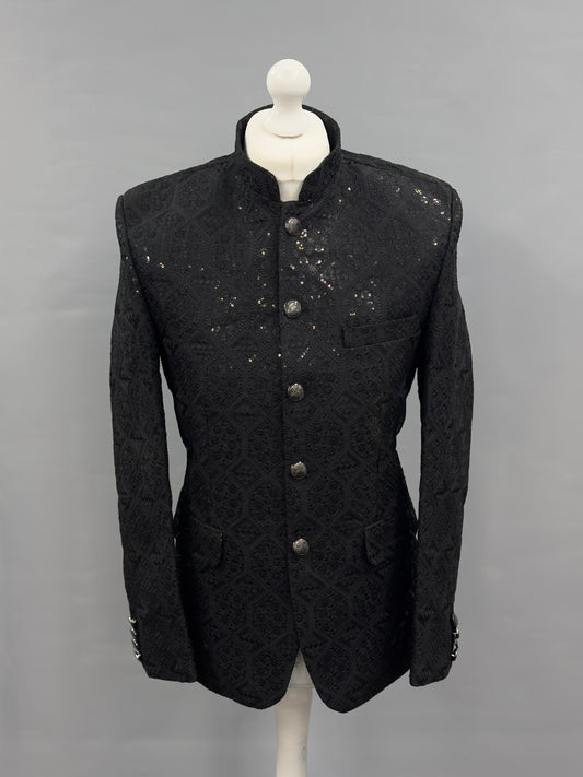 Men's Sequin Embroidery Jamawar Black Hex Design Prince Jacket Gold Buttons