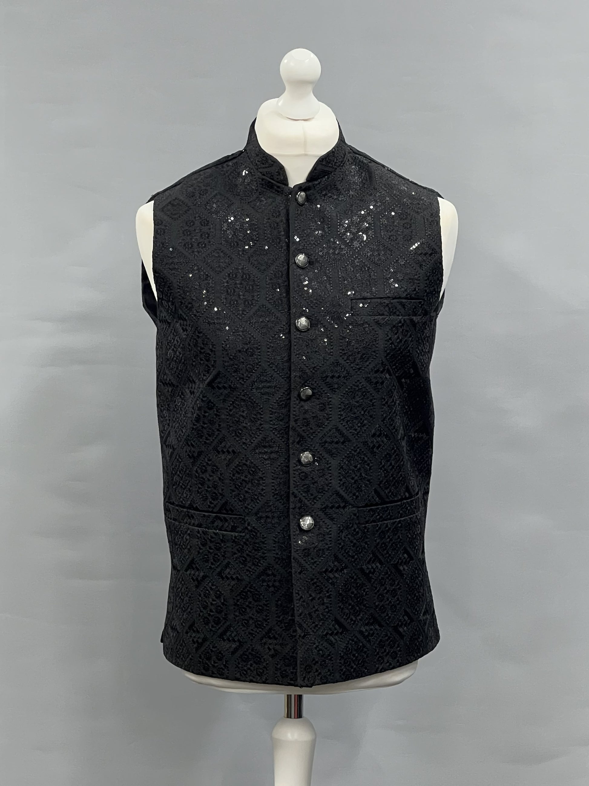 Men's Sequin Embroidery Jamawar Black Hex Design Waistcoat Gold Buttons