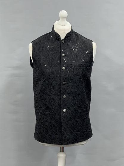 Men's Sequin Embroidery Jamawar Black Hex Design Waistcoat Gold Buttons