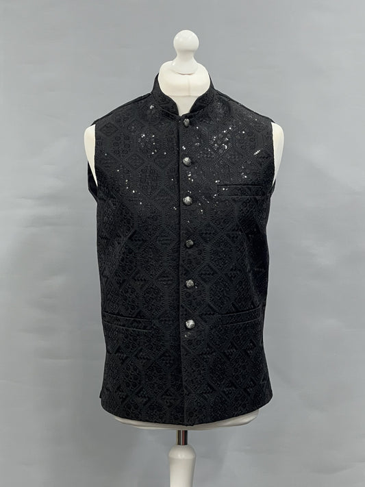 Men's Sequin Embroidery Jamawar Black Hex Design Waistcoat Gold Buttons
