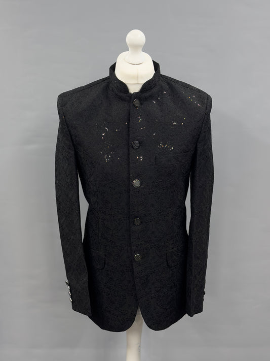 Men's Sequin Embroidery Jamawar Black Paisley Design Prince Jacket Gold Buttons