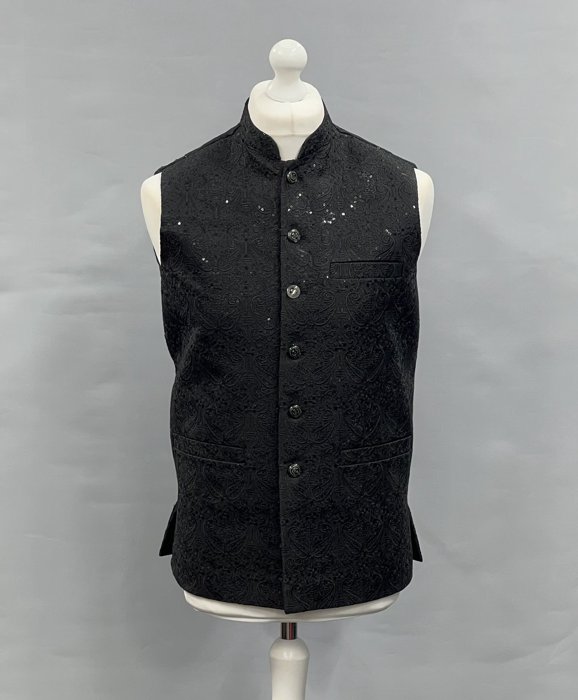 Men's Sequin Embroidery Jamawar Black Paisley Design Waistcoat Gold Buttons