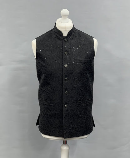 Men's Sequin Embroidery Jamawar Black Paisley Design Waistcoat Gold Buttons