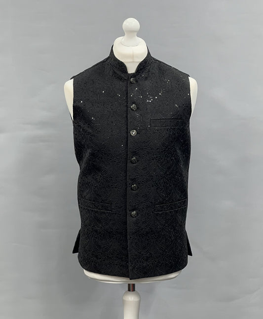 Men's Sequin Embroidery Jamawar Black Paisley Design Waistcoat Gold Buttons