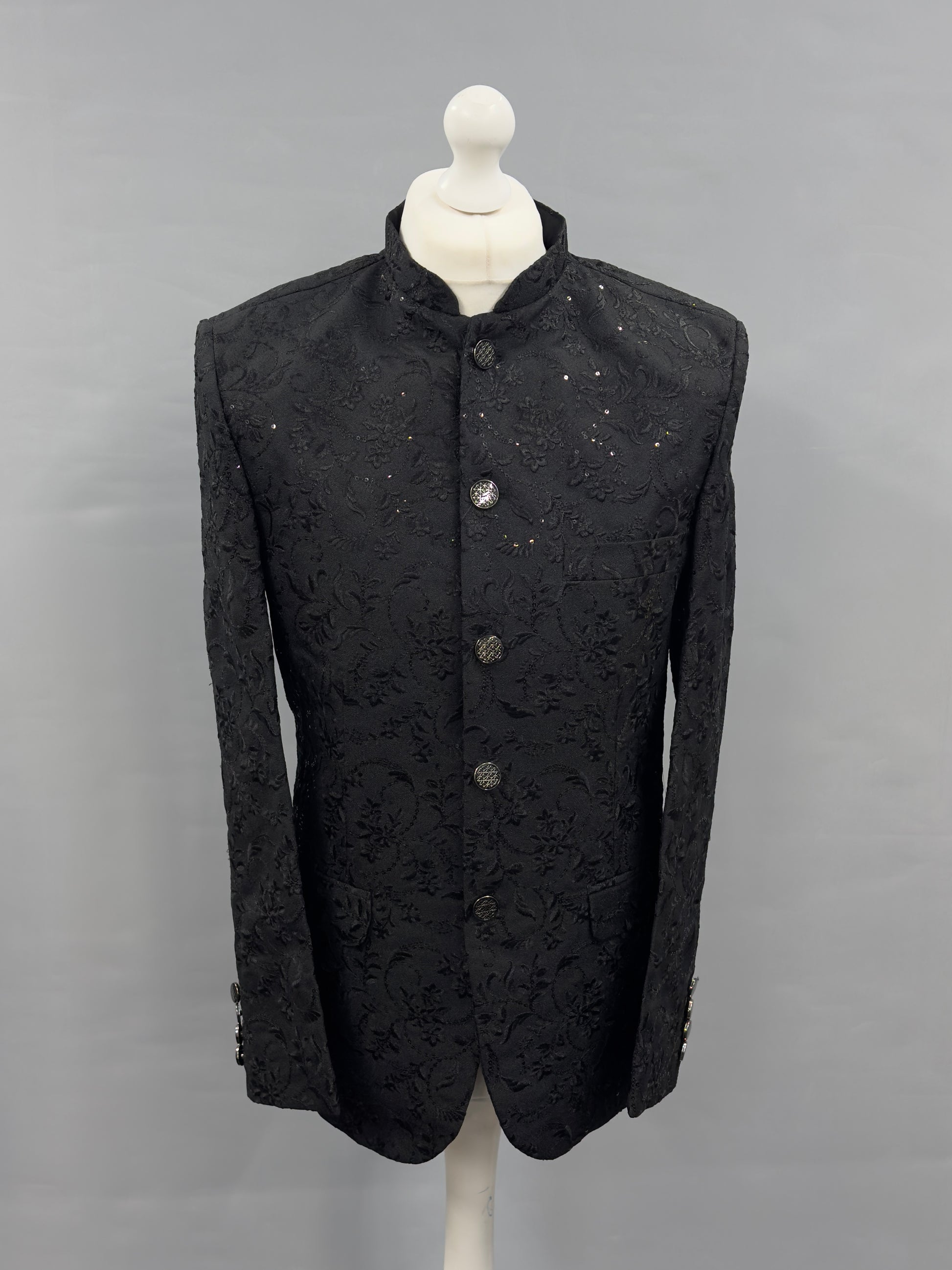 Men's Sequin Embroidery Jamawar Black Thread Motif Design Prince Jacket Gold Buttons
