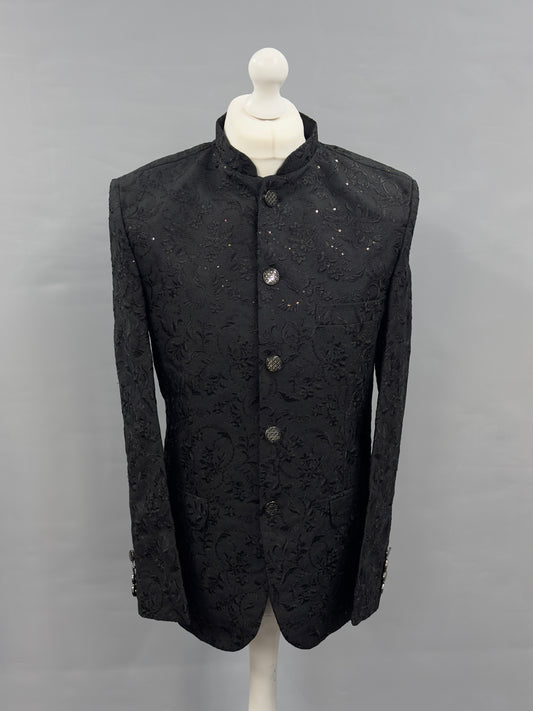 Men's Sequin Embroidery Jamawar Black Thread Motif Design Prince Jacket Gold Buttons