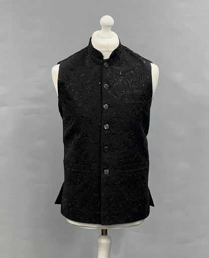 Men's Sequin Embroidery Jamawar Black Thread Motif Design Waistcoat Gold Buttons
