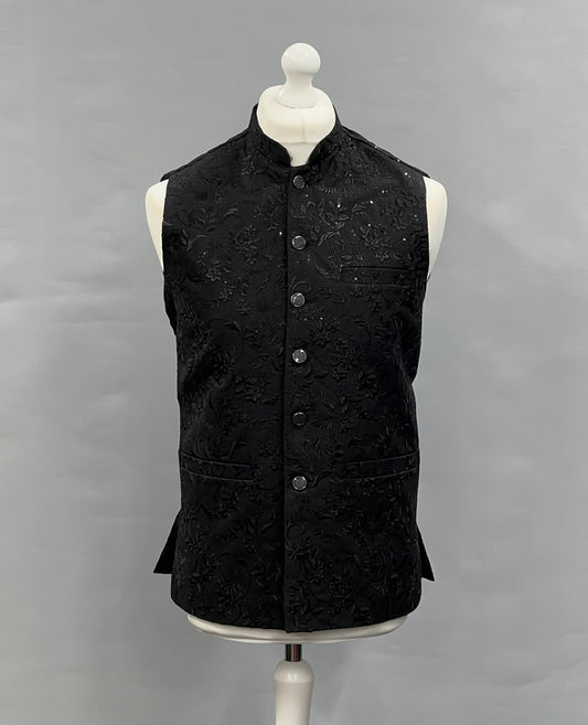 Men's Sequin Embroidery Jamawar Black Thread Motif Design Waistcoat Gold Buttons