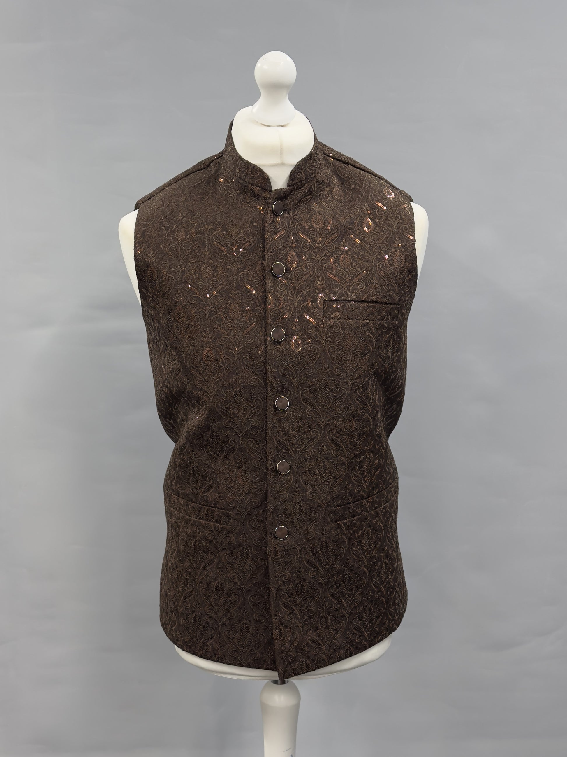 Men's Sequin Embroidery Jamawar Dark Brown Crown Design Waistcoat Gold Buttons