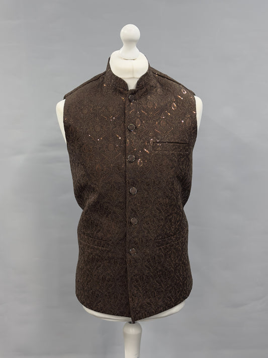 Men's Sequin Embroidery Jamawar Dark Brown Crown Design Waistcoat Gold Buttons