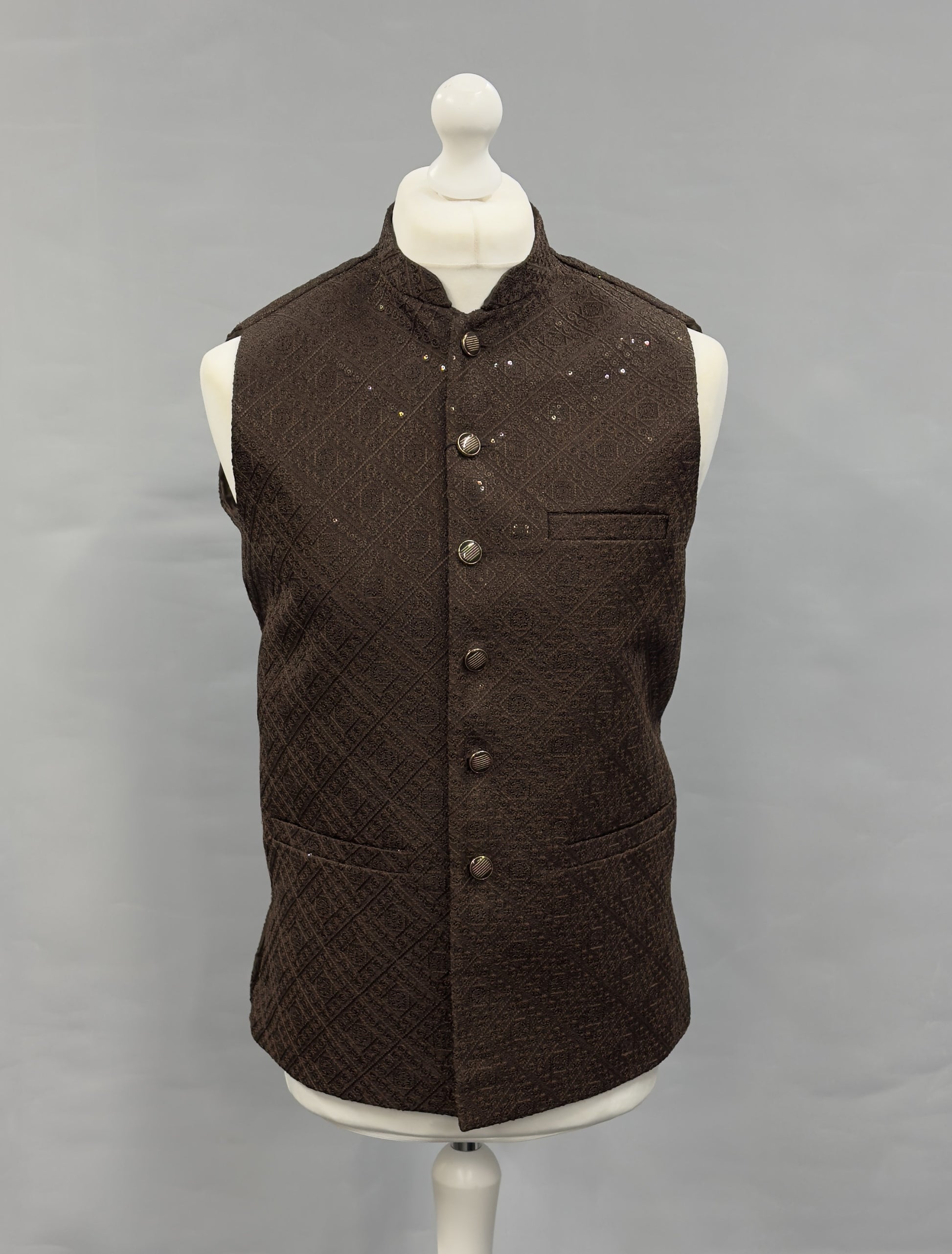 Men's Sequin Embroidery Jamawar Dark Brown Diamond Design Waistcoat Gold Buttons