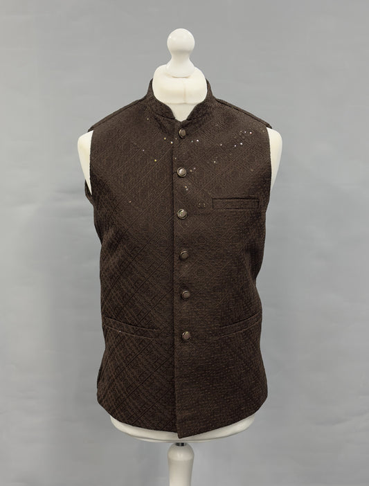 Men's Sequin Embroidery Jamawar Dark Brown Diamond Design Waistcoat Gold Buttons