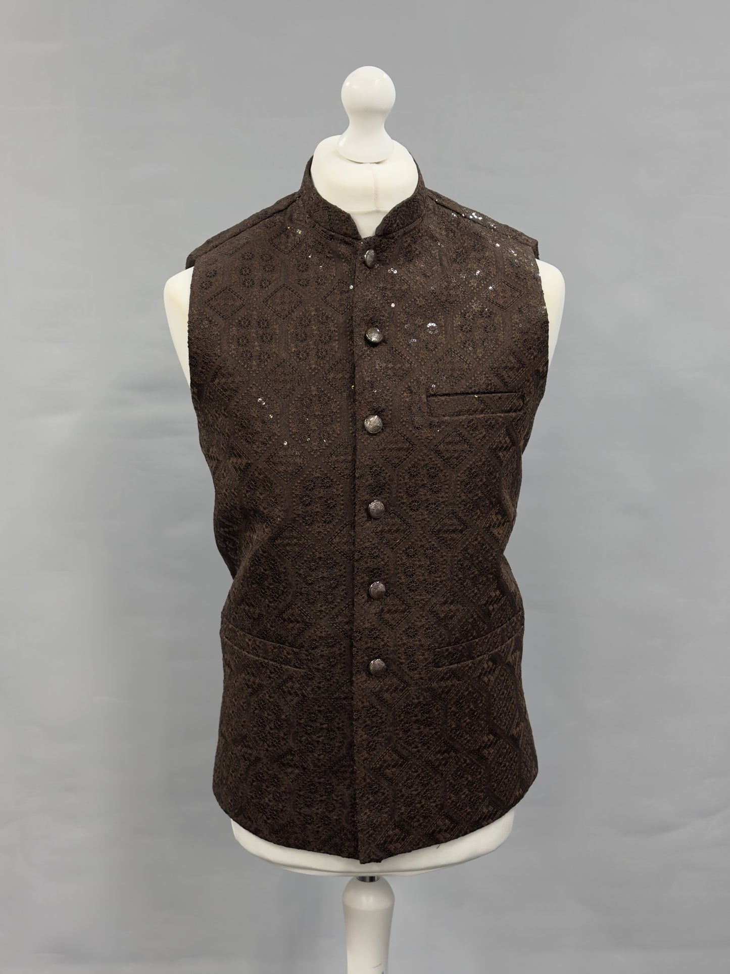 Men's Sequin Embroidery Jamawar Dark Brown Hex Design Waistcoat Gold Buttons