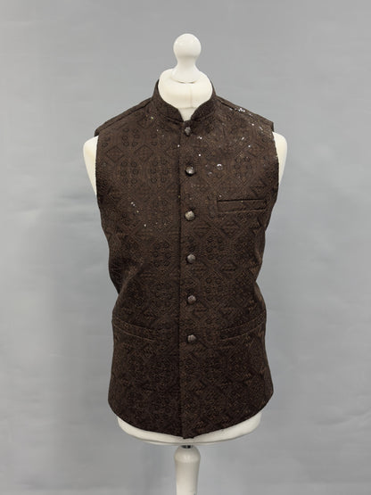 Men's Sequin Embroidery Jamawar Dark Brown Hex Design Waistcoat Gold Buttons
