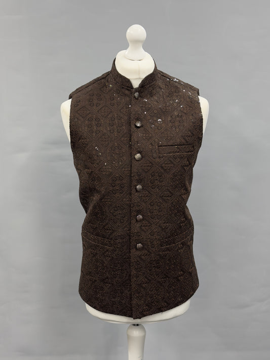 Men's Sequin Embroidery Jamawar Dark Brown Hex Design Waistcoat Gold Buttons