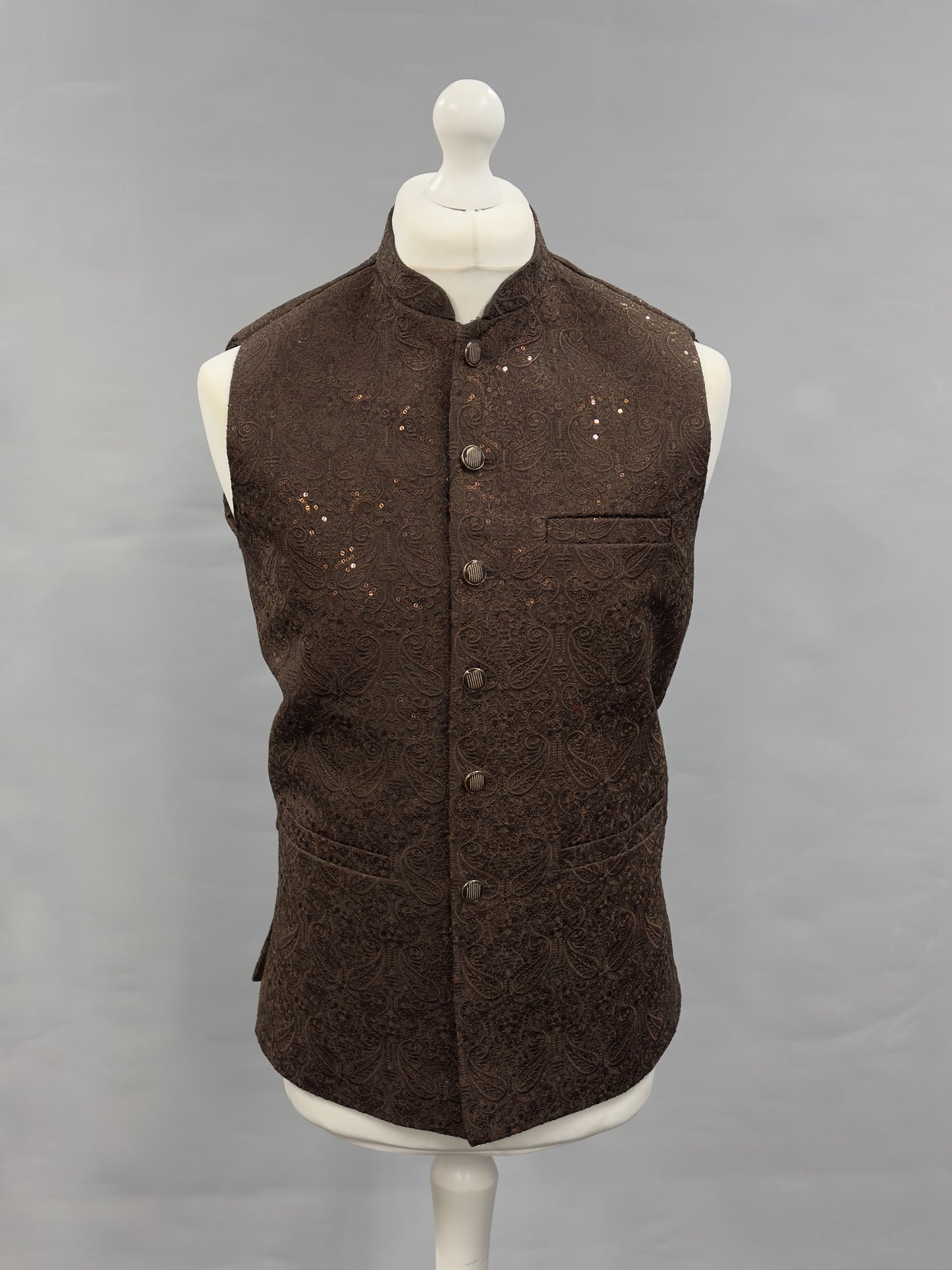Men's Sequin Embroidery Jamawar Dark Brown Paisley Design Waistcoat Gold Buttons