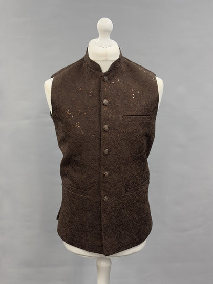 Men's Sequin Embroidery Jamawar Dark Brown Paisley Design Waistcoat Gold Buttons