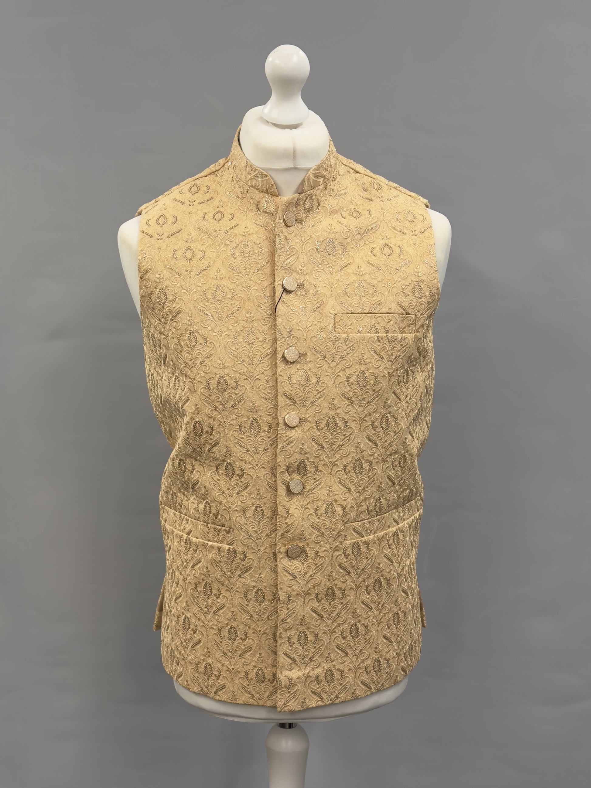 Men's Sequin Embroidery Jamawar Light Gold Crown Design Waistcoat Gold Buttons