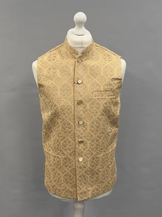 Men's Sequin Embroidery Jamawar Light Gold Hex Design Waistcoat Gold Buttons
