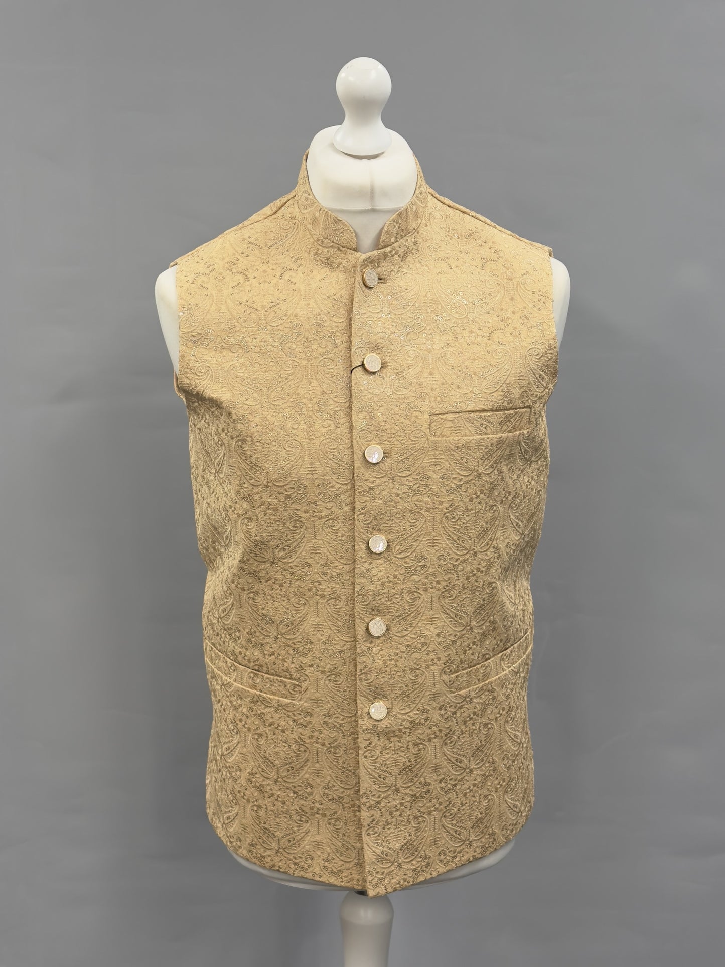 Men's Sequin Embroidery Jamawar Light Gold Paisley Design Waistcoat Gold Buttons