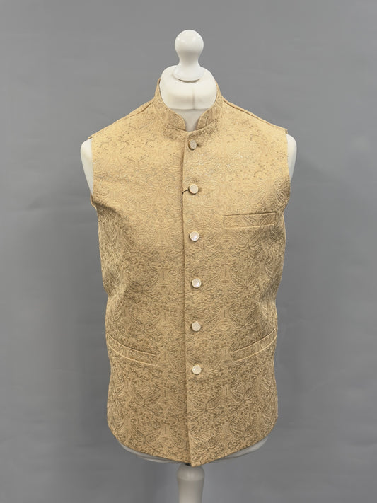 Men's Sequin Embroidery Jamawar Light Gold Paisley Design Waistcoat Gold Buttons