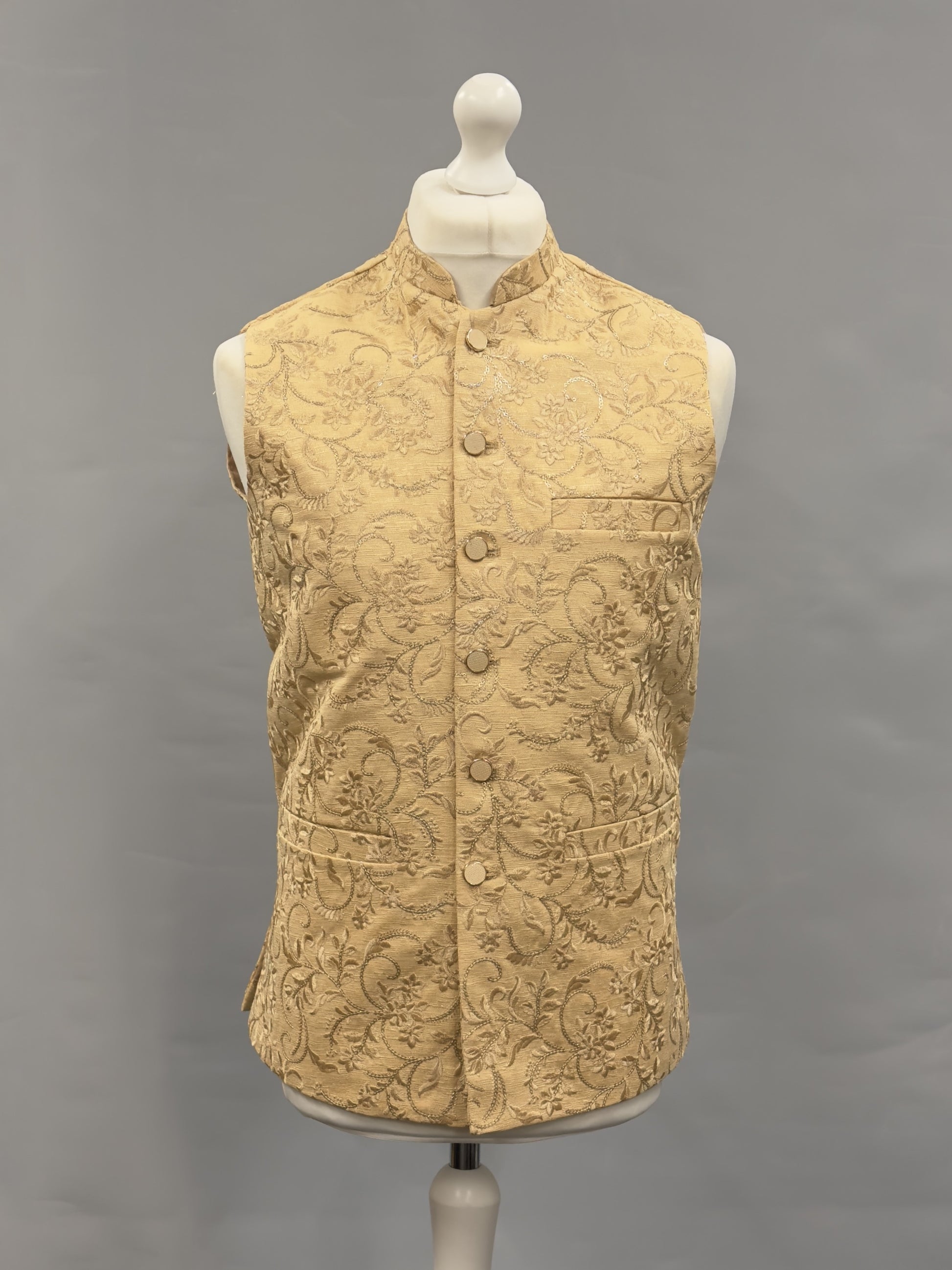 Men's Sequin Embroidery Jamawar Light Gold Thread Motif Design Waistcoat Gold Buttons