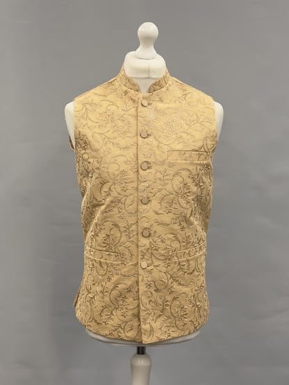 Men's Sequin Embroidery Jamawar Light Gold Thread Motif Design Waistcoat Gold Buttons