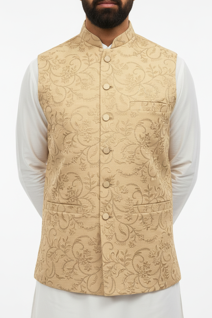 Men's Sequin Embroidery Jamawar Light Gold Thread Motif Design Waistcoat Gold Buttons Close Up