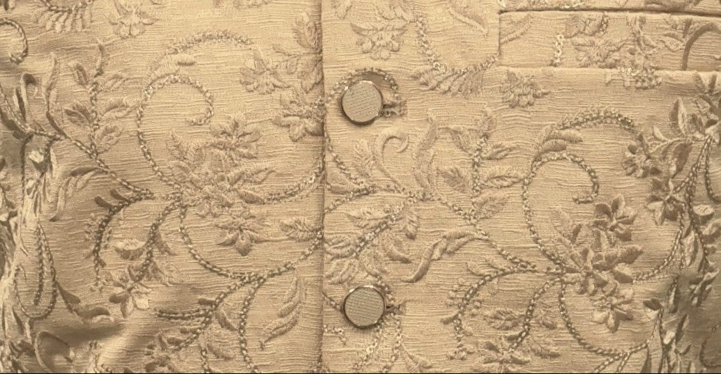 Men's Sequin Embroidery Jamawar Light Gold Thread Motif Design Waistcoat Gold Buttons Fabric