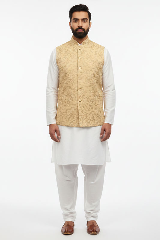 Men's Sequin Embroidery Jamawar Light Gold Thread Motif Design Waistcoat Gold Buttons Full