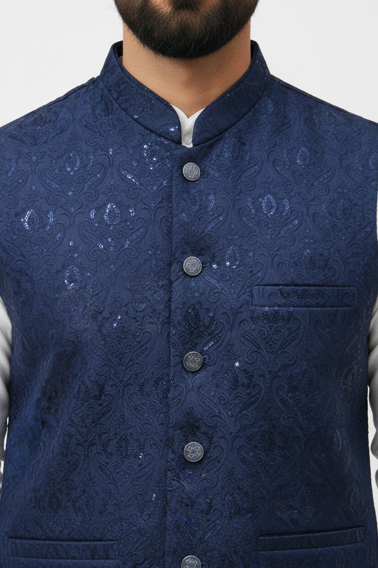 Men's Sequin Embroidery Jamawar Navy Crown Design Waistcoat Close Up