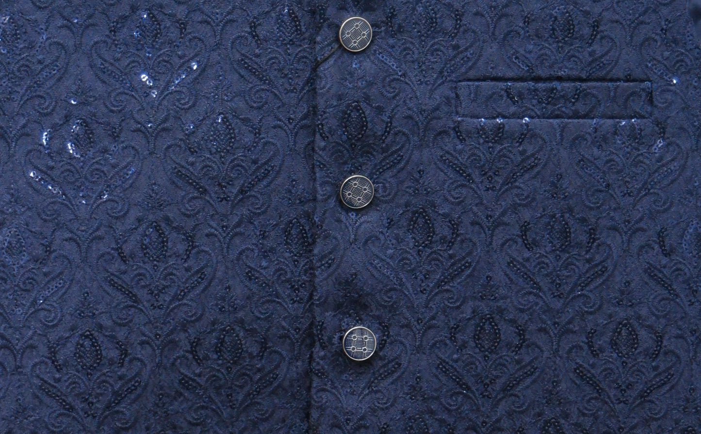 Men's Sequin Embroidery Jamawar Navy Crown Design Waistcoat Fabric